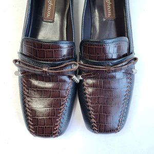 Brighton Slip On Bow Loafer Shoes 8 Narrow Croc Embossed Black Brown Loafers